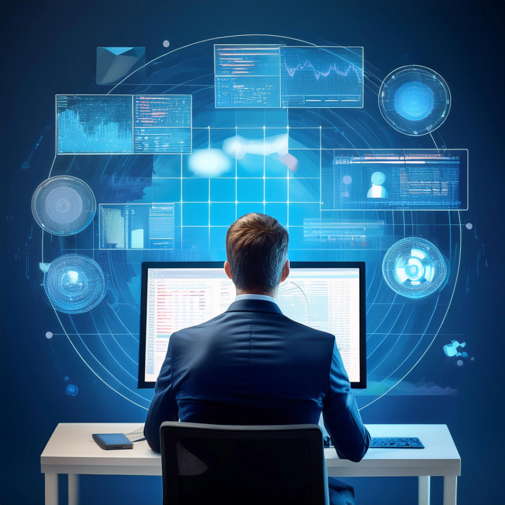Graphic of man in front of a computer