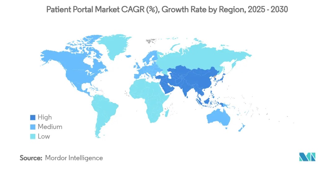 Map of the entire world and growth of patient portals (high, medium, or low) by region