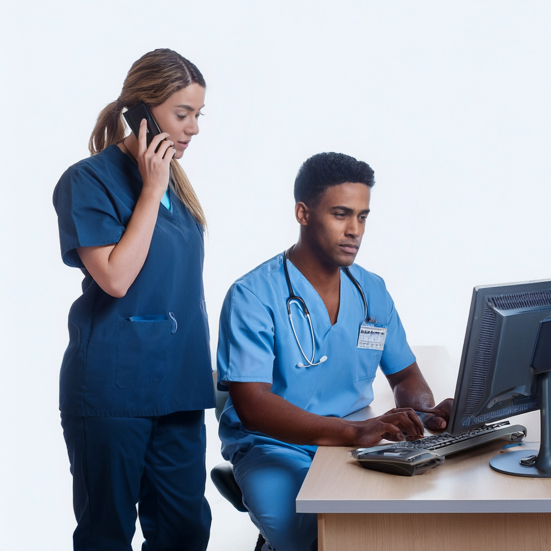 Picture of two healthcare workers charting on a computer and using mobile technology.