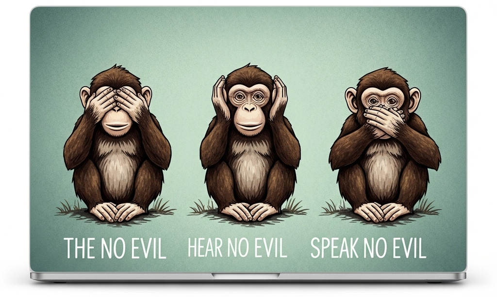 A graphic showing 3 monkeys, one covering their eyes, one covering their ears, and one covering their mouth