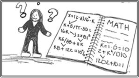 A girl looking at a math book with question marks surrounding her.