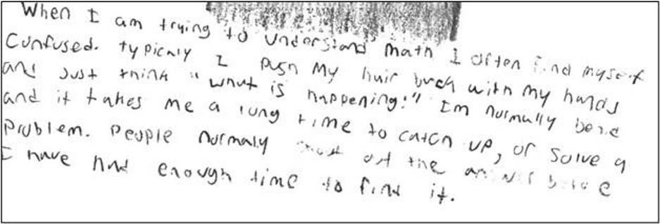 A students writing of their feelings about math.