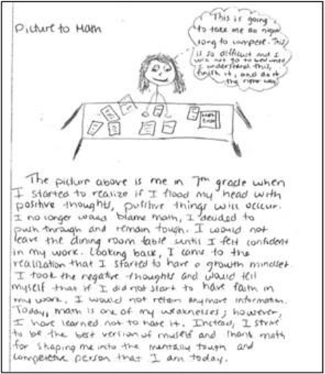 A student at a desk smiling with the though bubble "This is going to take me all night long to compare. This is so difficult and I will not to to bed until I understanding this, finish it, and do the right answer." Below, the picture is captioned: The picture above is me in 7th grade when I started to realize if I flood my head with positive thoughts, positive things will occur. I no longer would blam math, I decided to push through and remain tough. I could not leave the dining room table until I felt confident in my work. Looking back, I came to the realization that I started to have a growth mindset. I took the negative thoughts and would tell myself that if I did not start to have faith in my work, I would not retain any more information. Today, math is one of my weaknesses; however, I have learned not to hate it. Instead, I strive to be the best version of myself and thank math for shaping me into the mentally tough and competitive person that I am today.