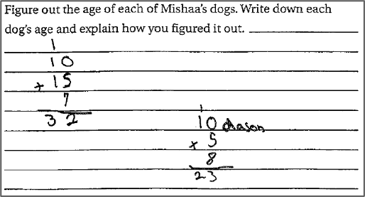 A question that states: Figure out the age of each of Mishaa's dogs. Write down each dog's age and explain how you figures it out. Math of 1 + 10 + 15 + 7 = 32 and 10 + 5 + 3 = 23.