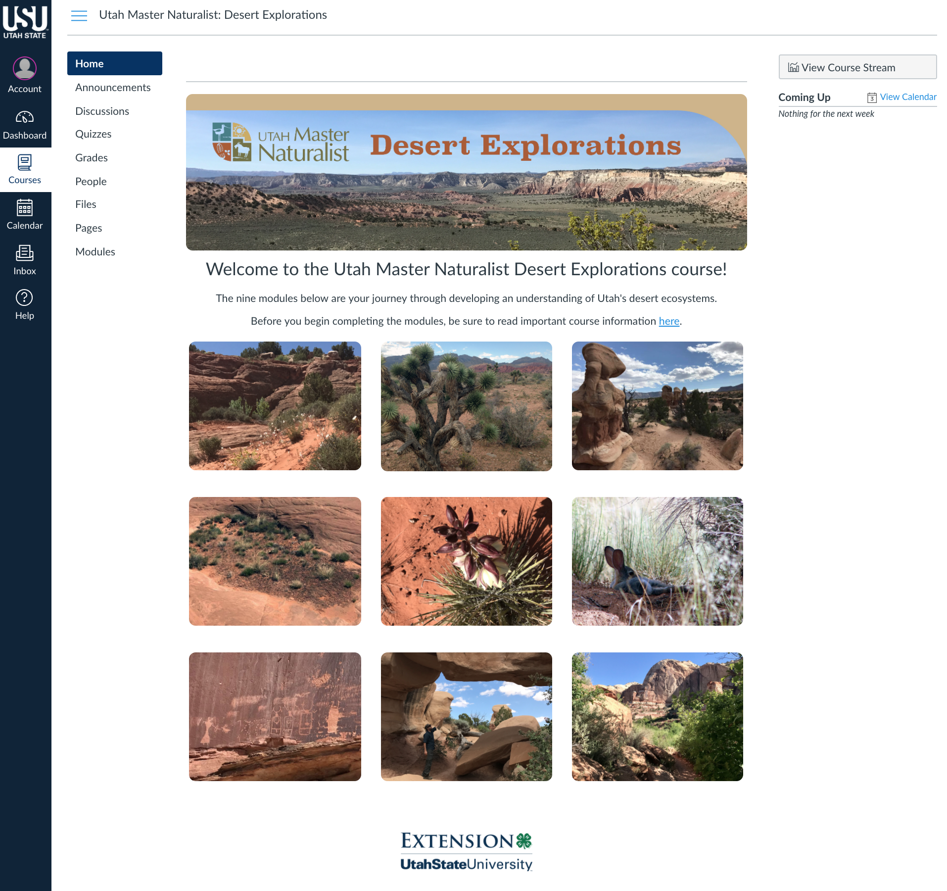 Canvas homepage for Utah Master Naturalist course online through USU extension.