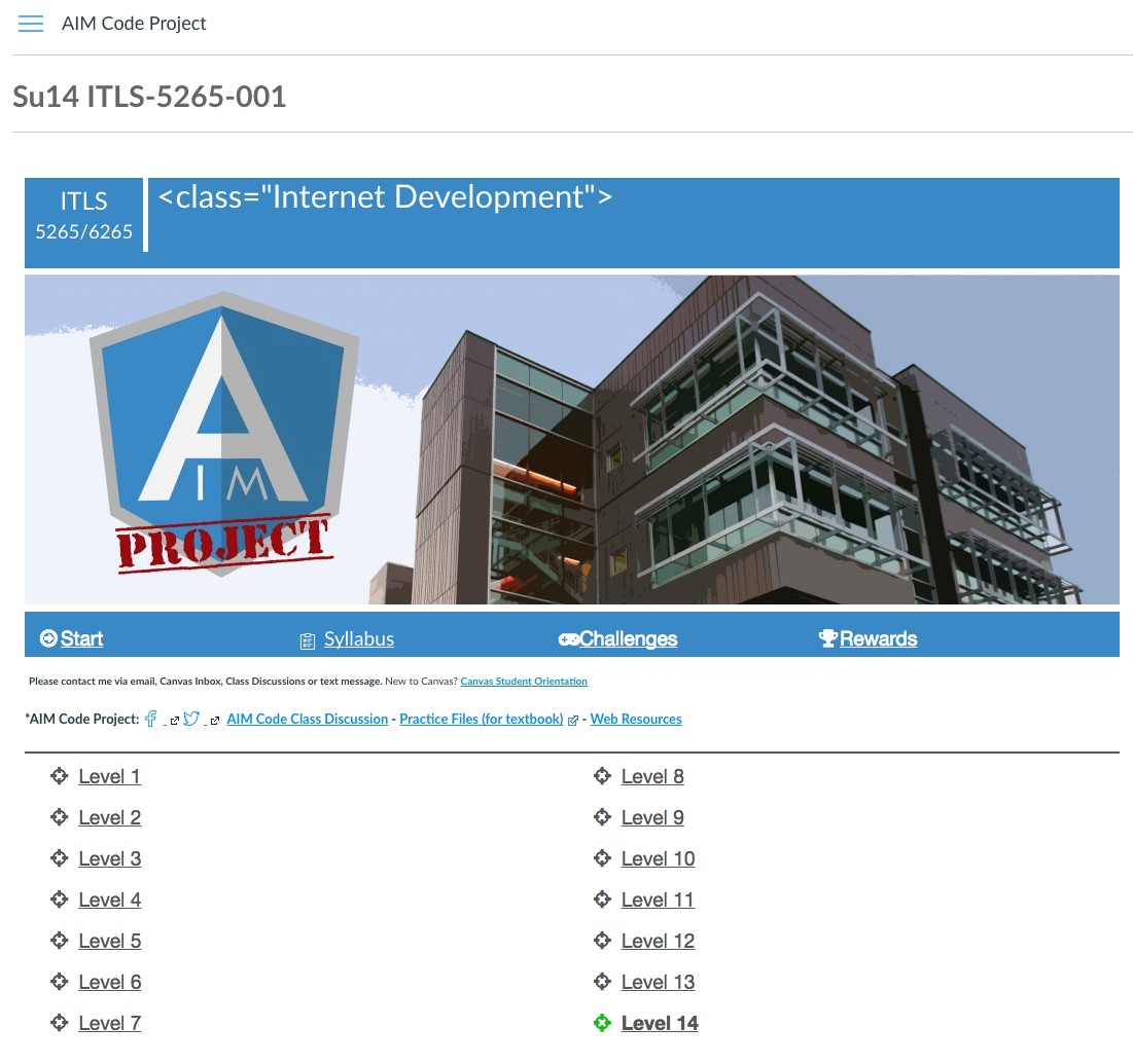 ITLS-5265 homepage with HTML for the class name of Internet Development.